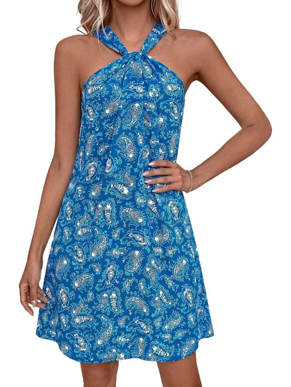 Womens 2026 Summer Halter Mini Dress Sleeveless Boho Floral Short Sundress Casua